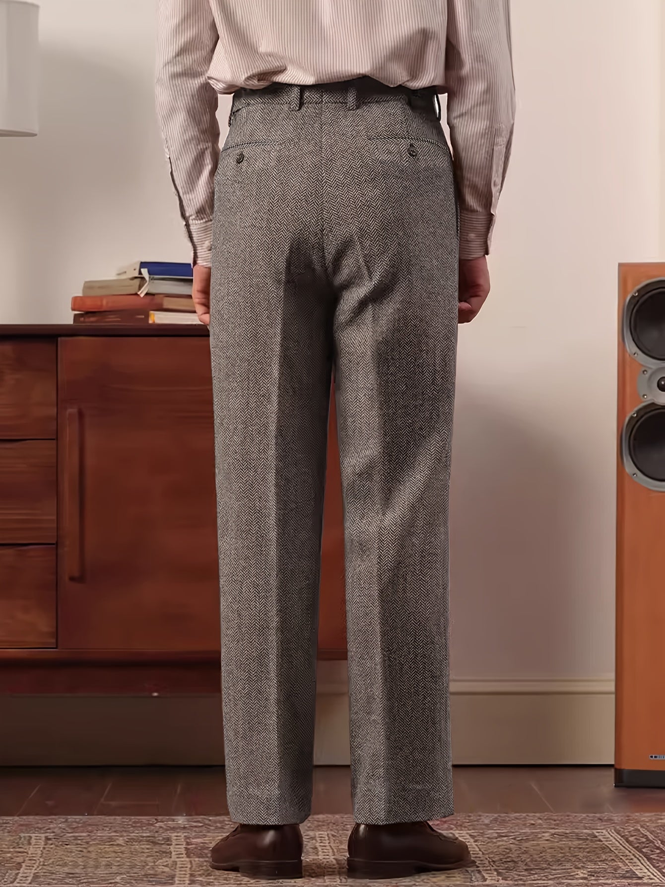 Pantaloni da uomo eleganti in tweed italiano - Pantaloni a gamba dritta a vita alta con chiusura a bottoni, tessuto non elasticizzato per ufficio ed eventi formali - Abbigliamento business autunno/inverno, evento formale, design classico, costruzione resi