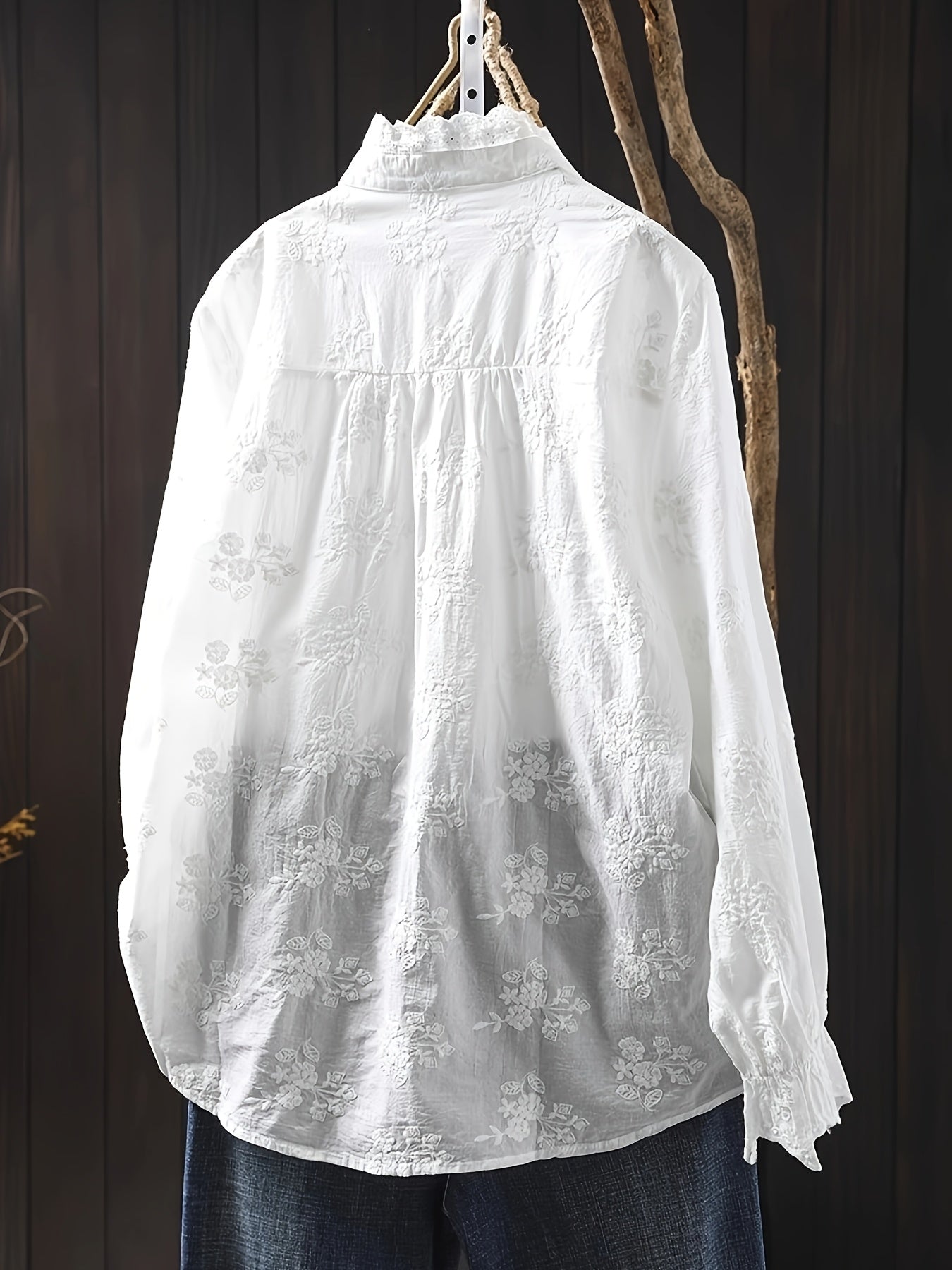 Women's Loose Embroidered Blouse with Floral Embroidery & Lace Trim - Stand-Up Collar Long Sleeve Button Front Shirt, Machine Washable All-Season Top for Casual & Office Wear