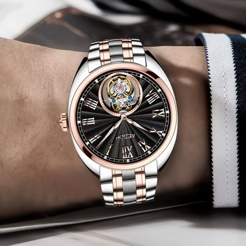 Orologio Meccanico di Lusso AESOP Uomo - Movimento True Flying Tourbillon, Carica Manuale con Quadrante Blu e Numeri Romani, Cassa in Acciaio Inossidabile, per Abbigliamento Formale e Casual - Regalo Ideale per Appassionati di Orologi, Design Elegante, Ar