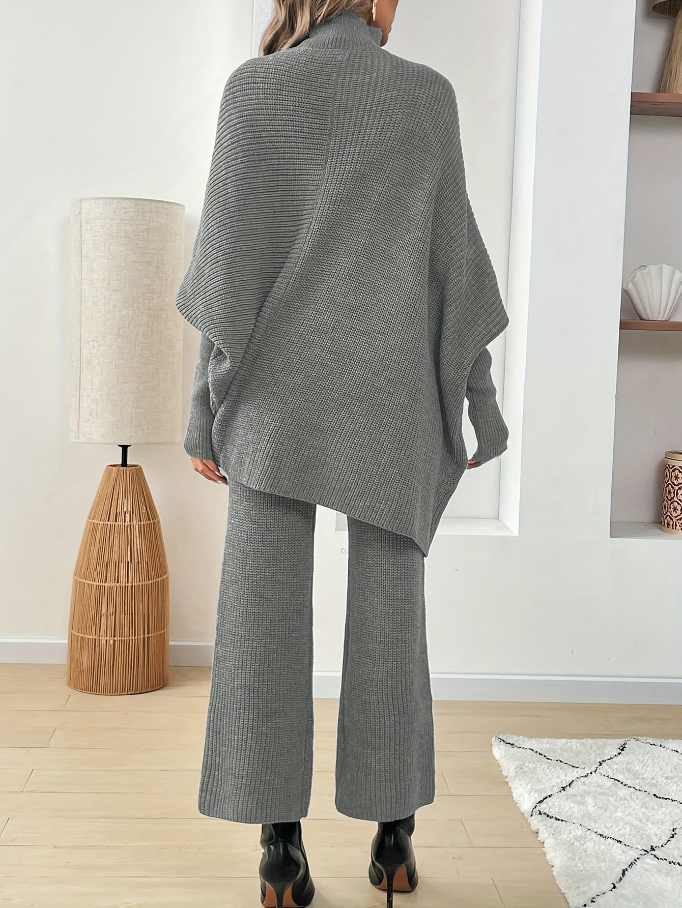 2 Pezzi Maglione Elegante con Maniche a Pipistrello - Completo Oversize con Collo Alto e Orlo Asimmetrico, Tunica Grigia Tinta Unita (Senza Abbinamento di Fantasie) | Outfit Invernali a Strati, Chic da Ufficio a Festa, Lavaggio a Mano/Lavaggio a Secco