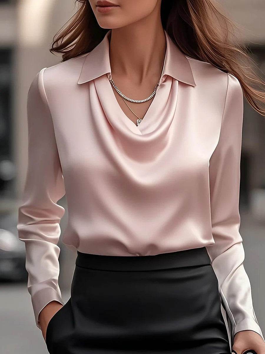 Milan Chic Silky Satin Draped Neck Blouse