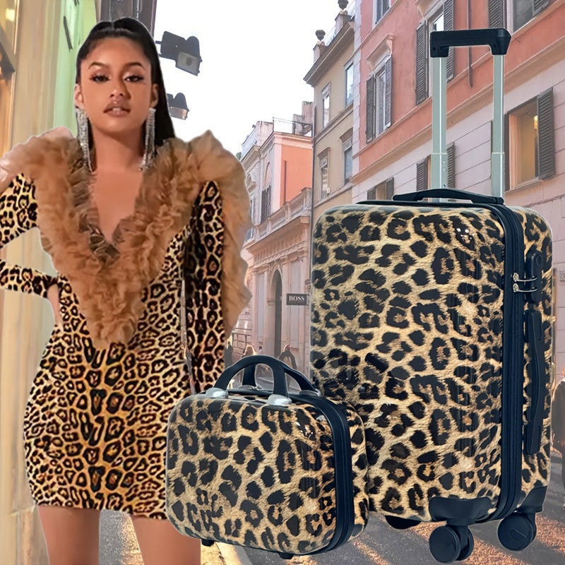 Valigia con Motivo Leopardo 14+20+24+28 14+20 Pollici con Ruote Girevoli a 360°, Borsa a Mano in Materiale ABS+pz, Confezione Regalo per Compleanno