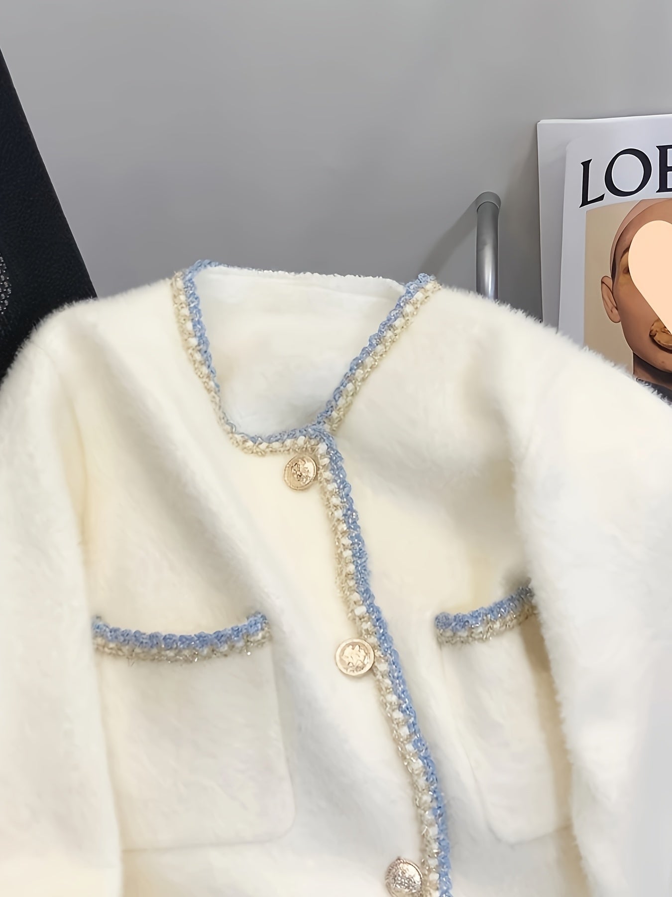Taglia Plus - Cardigan elegante ispirato alla Francia con velluto di visone finto, maniche lunghe e bottoni sul davanti - Colletto casual ma chic, tessuto a media elasticità, perfetto per l'autunno/inverno, Cardigan taglia Plus