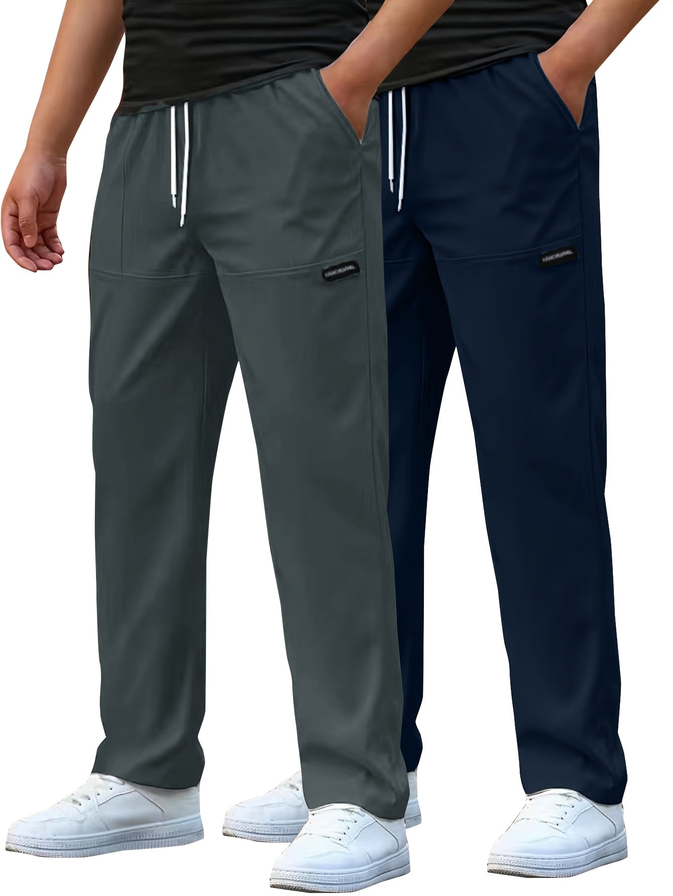 Pantaloni da lavoro casual da uomo a gamba dritta - Poliestere leggero, vita con coulisse, stile primavera/estate, opzioni bianco e blu navy, abbigliamento da lavoro casual | Pantaloni a gamba dritta | Tessuto in poliestere