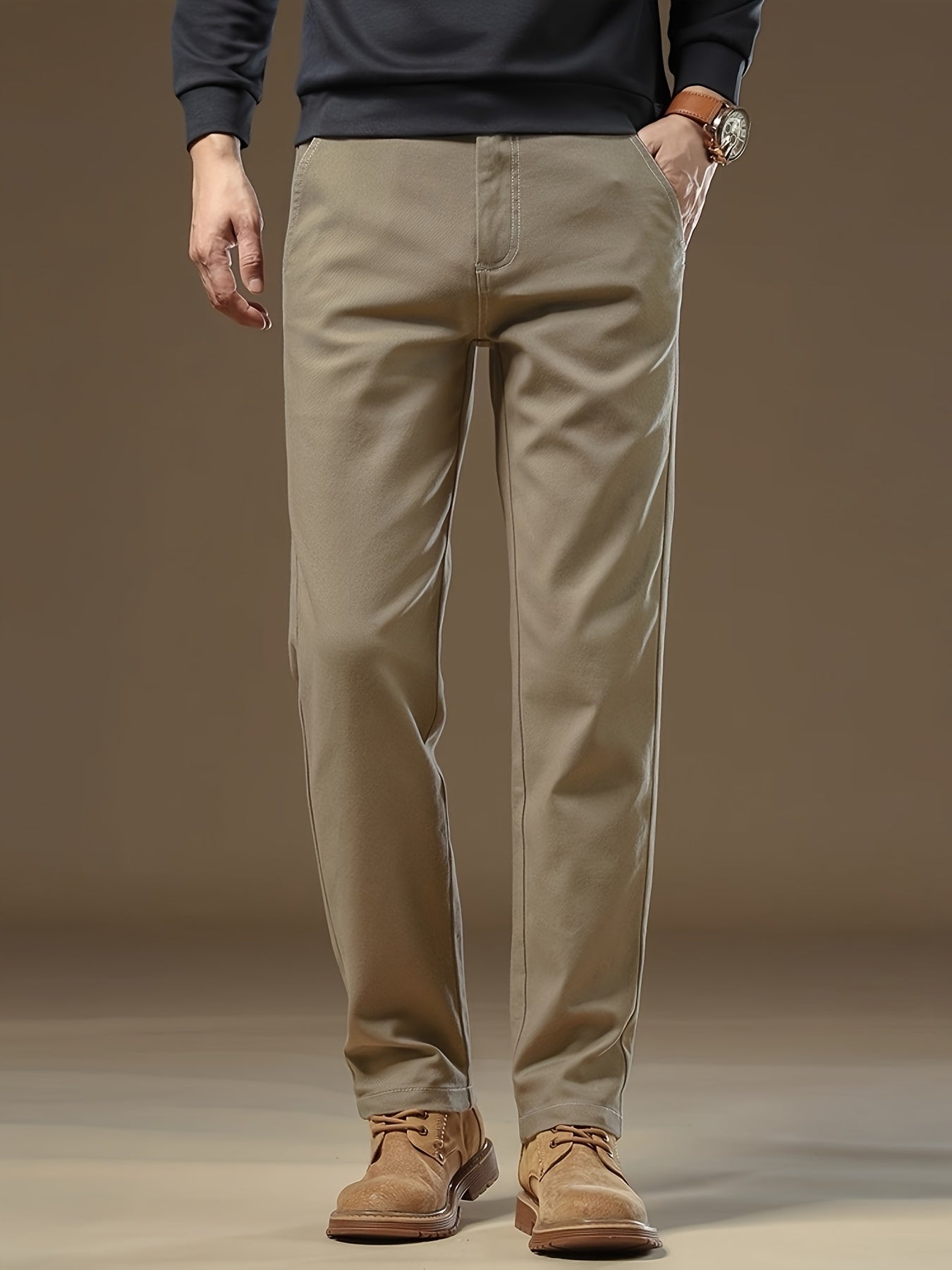 Pantaloni Casual Uomo in Cotone Pesante con Vita Elastica - Beige Tinta Unita, Gamba Larga e Passanti per Cintura, Morbidi Comodi da Inverno Ideali per Ufficio, Eventi Formali & Abbigliamento Quotidiano, Lavabile a Macchina (Lunghezza Regolare)