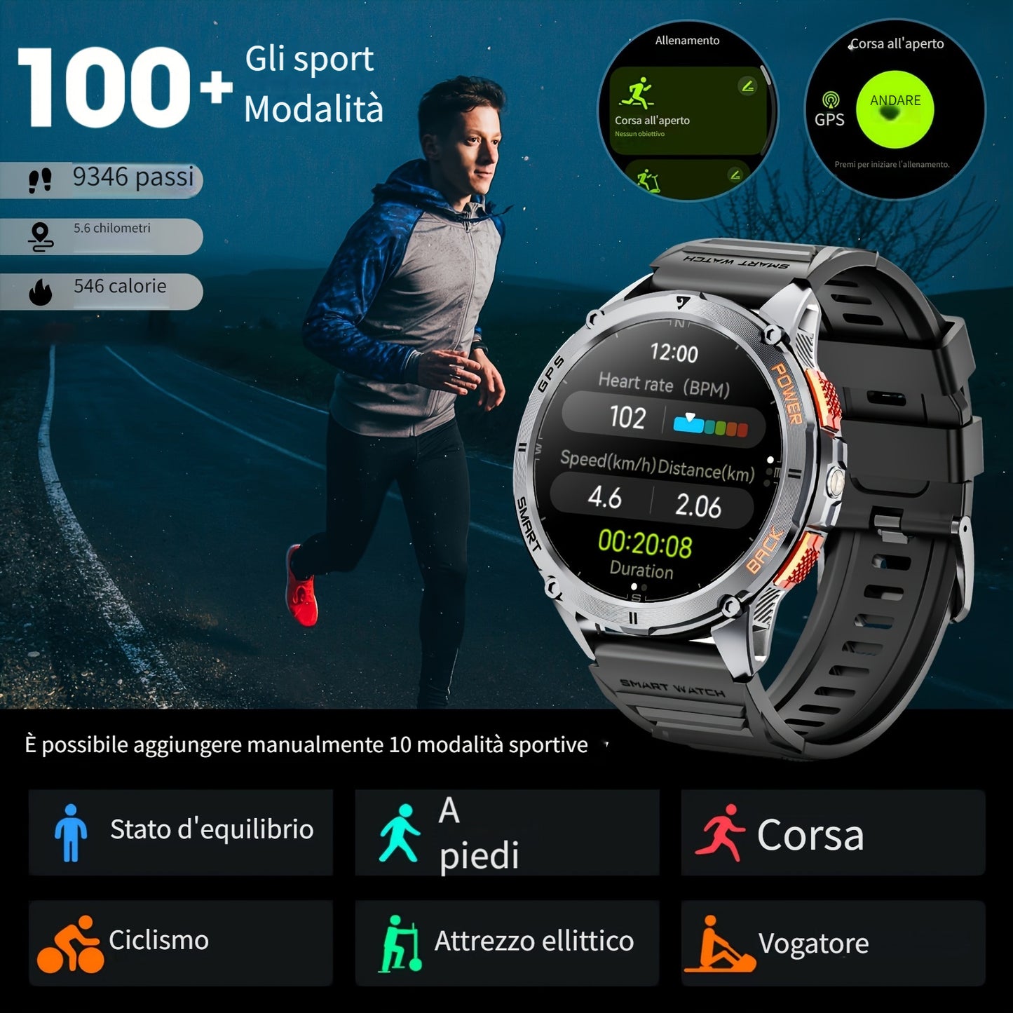 Smart Watch con posizionamento GPS reale, grande capacità di batteria, schermo touch HD AMOLED da 1,43 pollici, chiamata wireless, modalità sportiva, torcia LED, smart watch da esterno