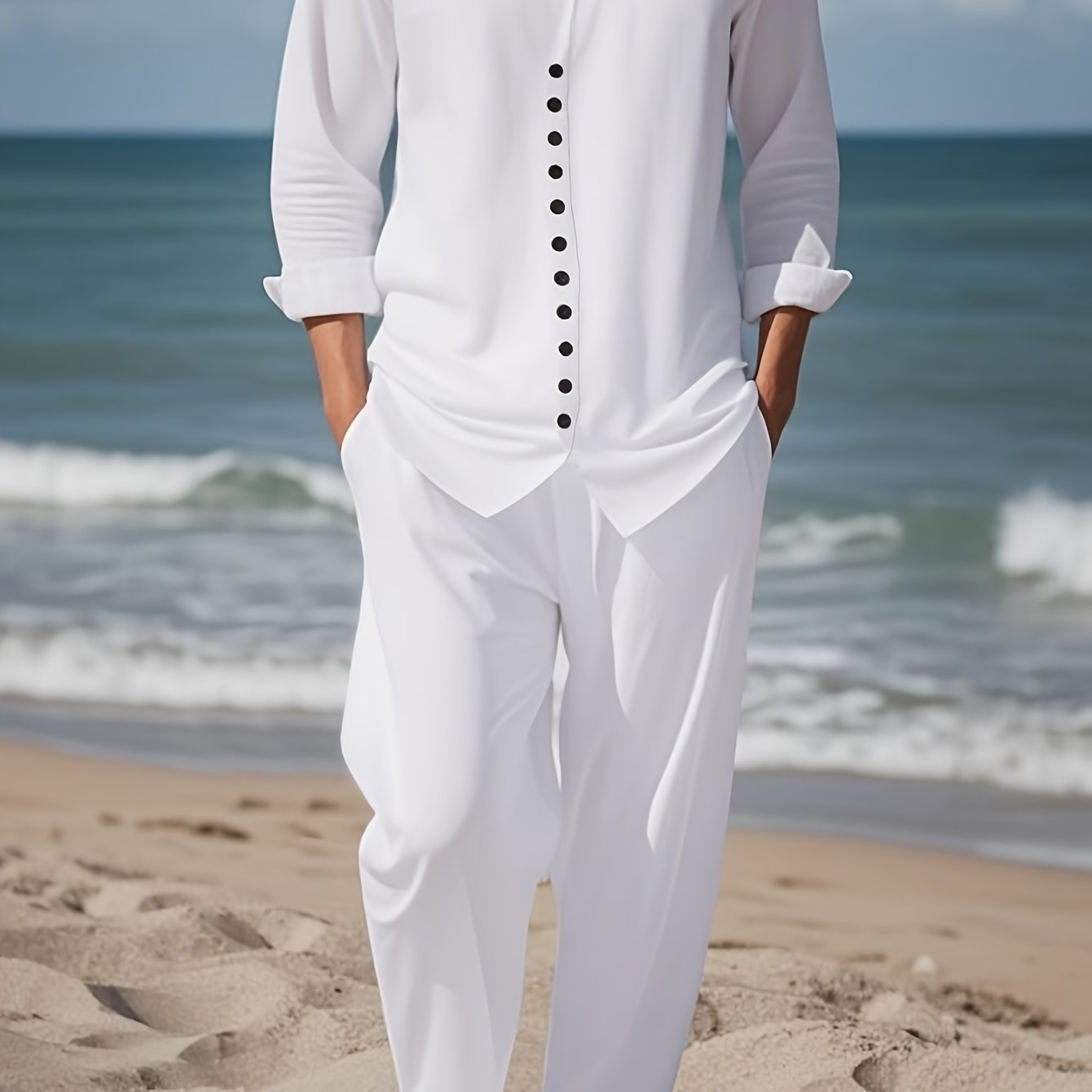 Set di moda da uomo con stampa, stampa testurizzata bianca pura casual, perfetto per feste, riunioni casual e abbigliamento quotidiano, completo casual con collo alto per tutte le stagioni.