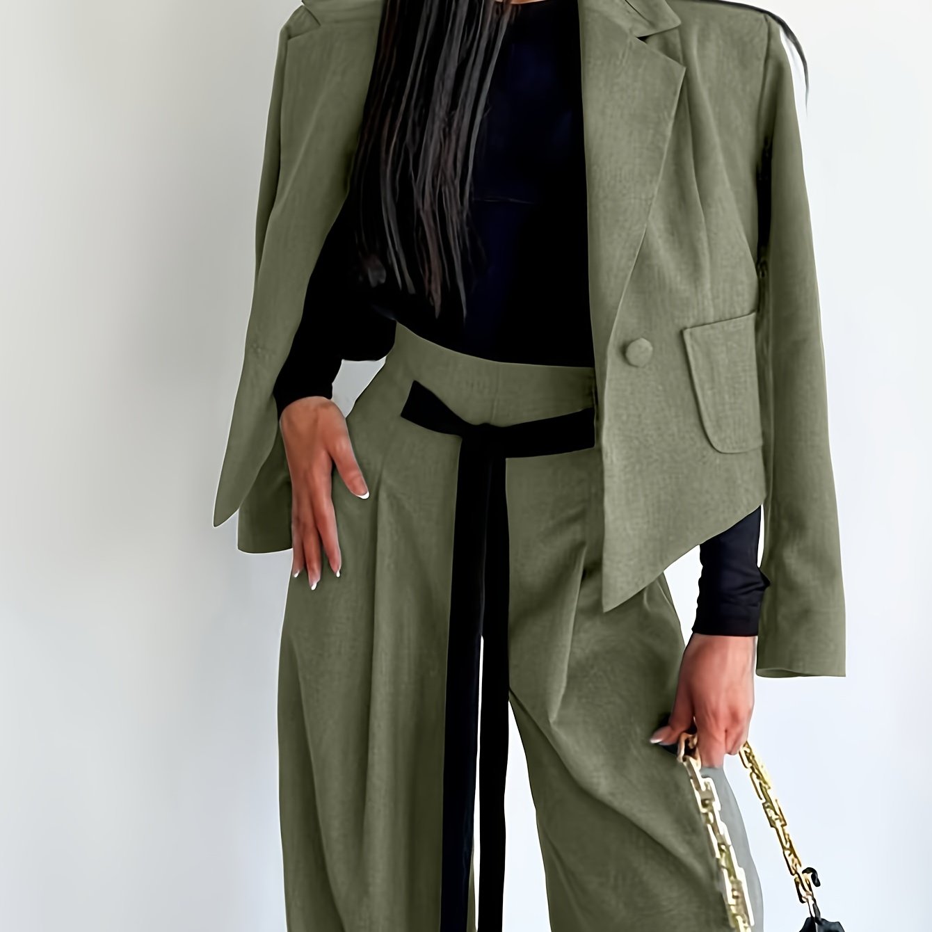 BK052044 Elegant Suit Jacket and Waist-Tie Loose Straight-Leg Wide-Leg Pants Women's Two-Piece Suit