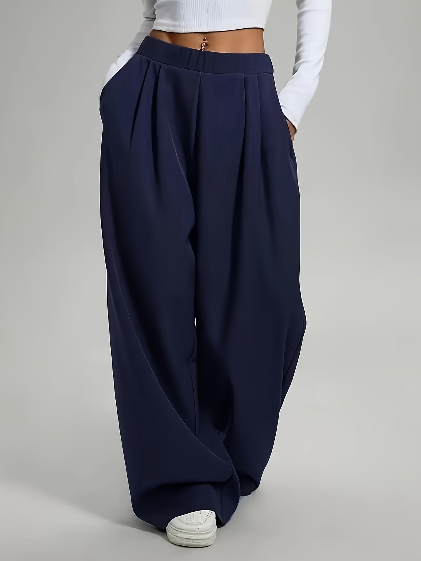 2 pezzi Pantaloni da donna eleganti a gamba larga tinta unita - Pantaloni ampi per tutte le stagioni con tasche, tinta unita e blu navy, abbigliamento casual e formale per tutte le stagioni
