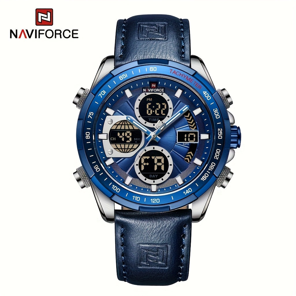Orologio Sportivo di Lusso da Uomo NAVIFORCE al Quarzo - Impermeabile, Cinturino in Vera Pelle, Doppia Esposizione con Funzioni Data e Cronografo, Cassa in Acciaio Inossidabile, Accenti Verdi, Orologio di Lusso|Dotato di Tacimetro|Cinturino in Vera Pelle
