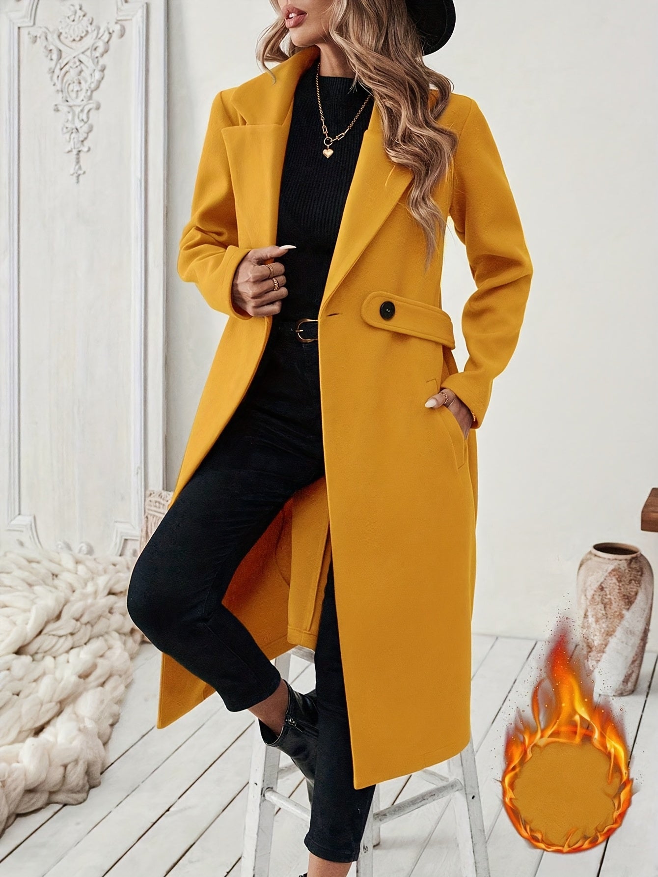 Women's Elegant Long Black Tweed Coat with Adjustable Belt - H-Silhouette Asymmetrical Hem, Machine Washable Winter Trench Coat for Fall & Winter, Office to Evening Versatile Outerwear, Notch Lapel Design