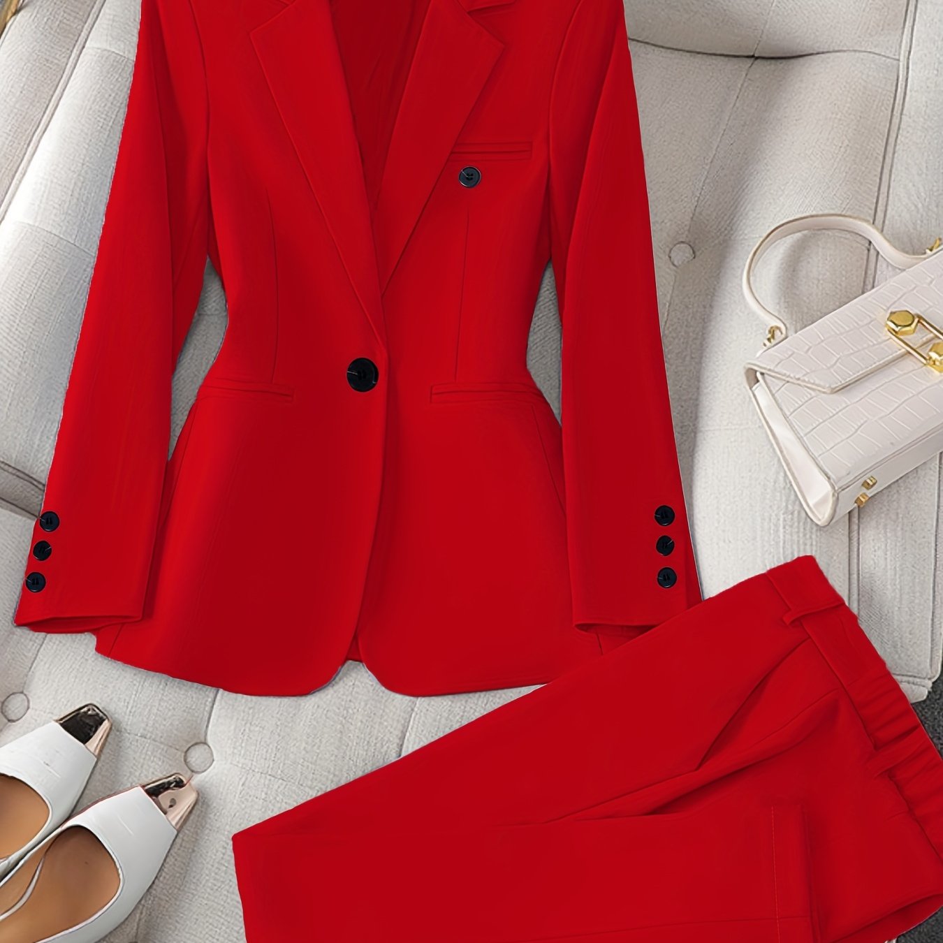 Women'S Casual Two-Piece Set, Stylish Business Solid Color Long Sleeve Suit Jacket and Pants Set, Polyester, Lapel Collar, Regular Fit, All Season, with Optional Handbag and Earrings, for Fashionable Workwear, Business Attire|Sleek Formal Attire|Polyester