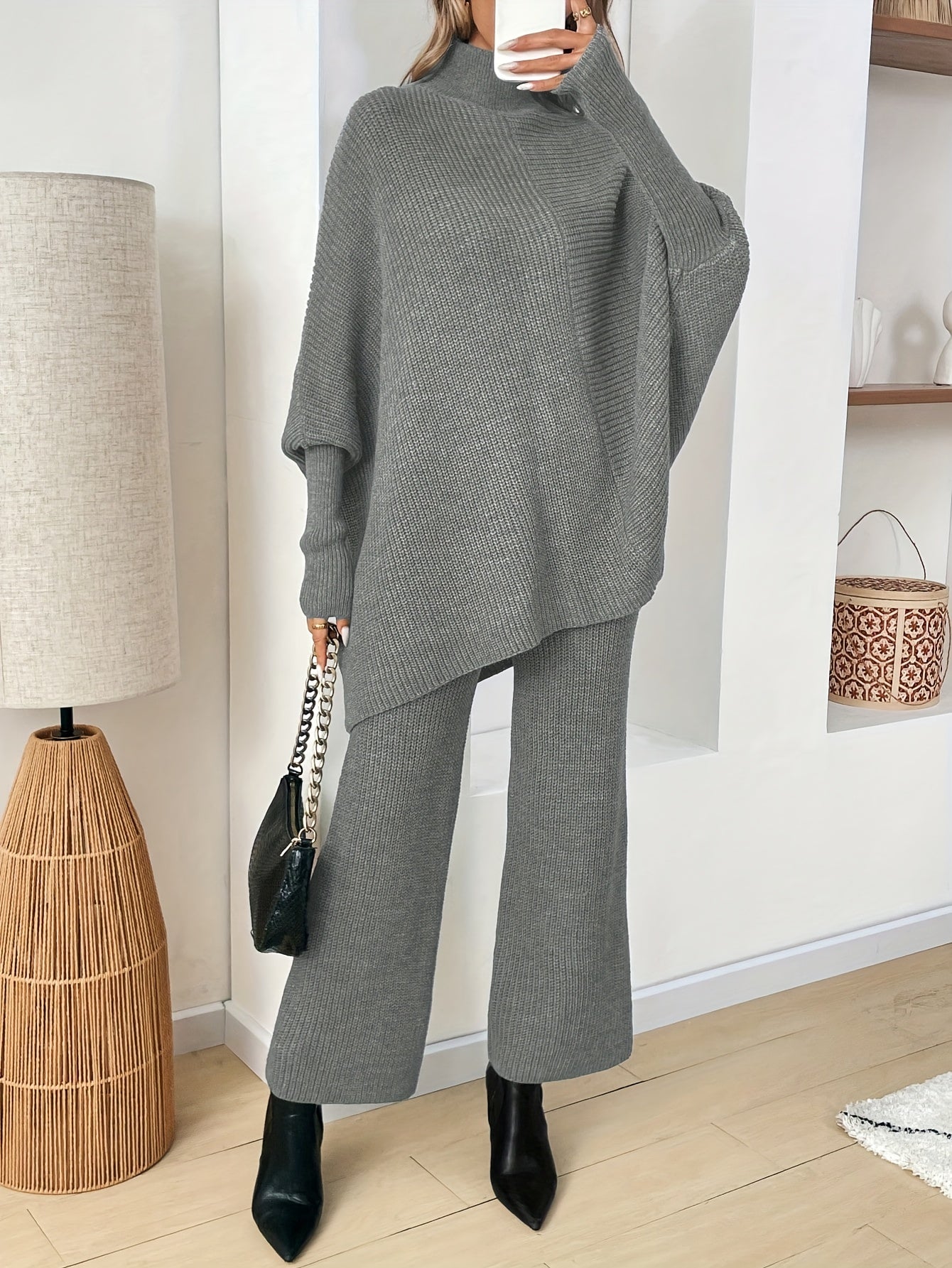 2 Pezzi Maglione Elegante con Maniche a Pipistrello - Completo Oversize con Collo Alto e Orlo Asimmetrico, Tunica Grigia Tinta Unita (Senza Abbinamento di Fantasie) | Outfit Invernali a Strati, Chic da Ufficio a Festa, Lavaggio a Mano/Lavaggio a Secco