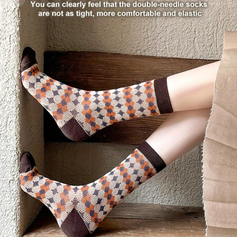 5 paia di calzini a righe argyle per donne - morbidi, traspiranti, ispirati al vintage, calzini a metà polpaccio in blu, arancione, beige e marrone, perfetti per regali d'autunno e inverno, calzini carini