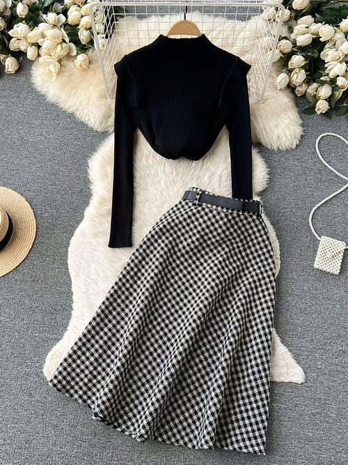2025 Nuovo Set Due Pezzi Donna Autunno/Inverno Elegante Maglione a Collo Alto Manica Lunga Nera Gonna A-Line Vita Alta