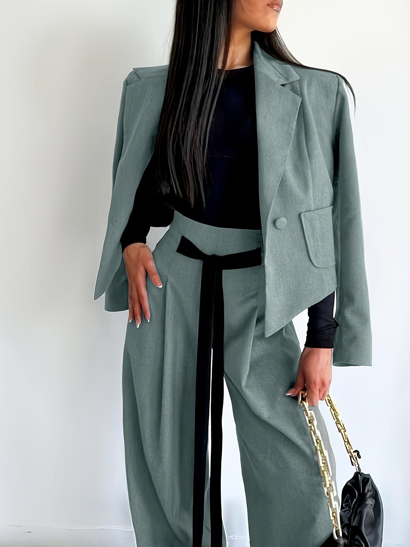 BK052044 Elegant Suit Jacket and Waist-Tie Loose Straight-Leg Wide-Leg Pants Women's Two-Piece Suit