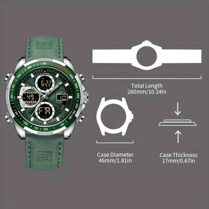 Orologio Sportivo di Lusso da Uomo NAVIFORCE al Quarzo - Impermeabile, Cinturino in Vera Pelle, Doppia Esposizione con Funzioni Data e Cronografo, Cassa in Acciaio Inossidabile, Accenti Verdi, Orologio di Lusso|Dotato di Tacimetro|Cinturino in Vera Pelle