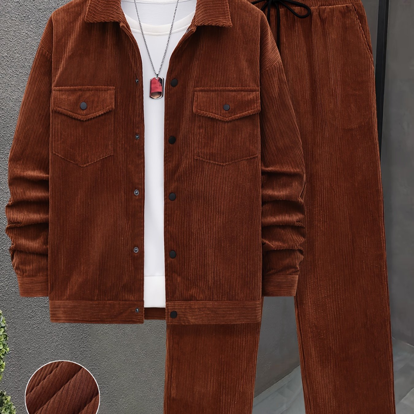 Set autunnale e invernale da uomo 2 pezzi con tessuto a coste intrecciate, tasche a doppia lavorazione, giacca a maniche lunghe e pantaloni larghi con coulisse, abito maturo per uscite casuali/ufficio/appuntamenti, 100% poliestere, lavabile a mano e in la