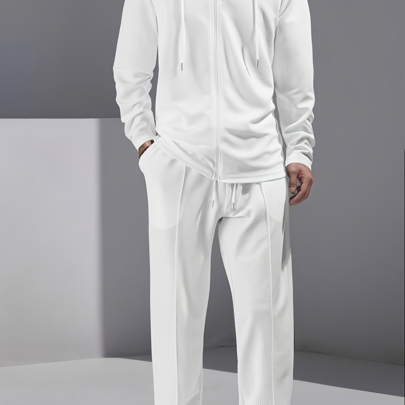 Set di 2 pezzi per uomo con cardigan con cappuccio e zip e pantaloni con coulisse - Pullover casual a maniche lunghe con tasche frontali, colore solido, outfit comodo per la primavera/autunno, abbigliamento per la primavera/autunno | Pullover con cappucci