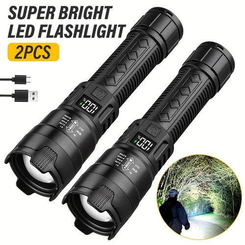 Set di 2 torce LED ricaricabili, design compatto con zoom regolabile e indicatore del livello di batteria, che offre tre opzioni di illuminazione adatte per attività all'aperto, campeggio, lavoro e situazioni di emergenza.