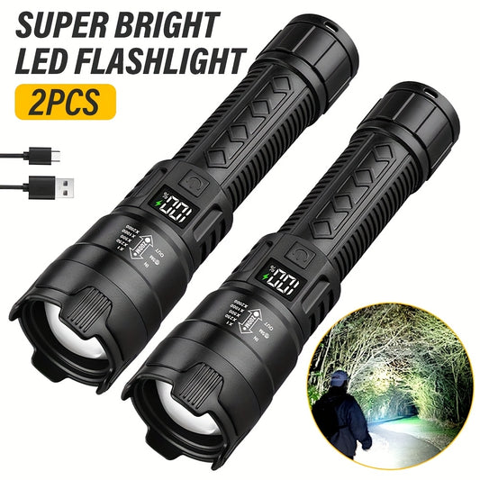 Set di 2 torce LED ricaricabili, design compatto con zoom regolabile e indicatore del livello di batteria, che offre tre opzioni di illuminazione adatte per attività all'aperto, campeggio, lavoro e situazioni di emergenza.