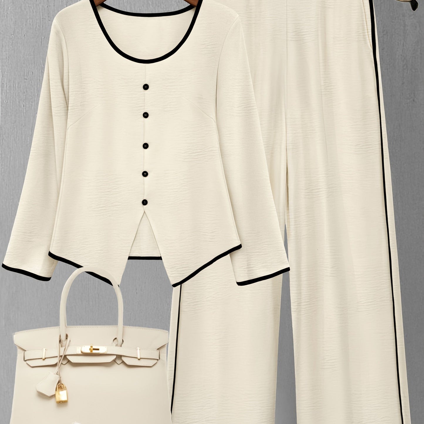 Set di pantaloni alla moda per donna, composto da top a maniche lunghe color block e pants casuali: un set elegante