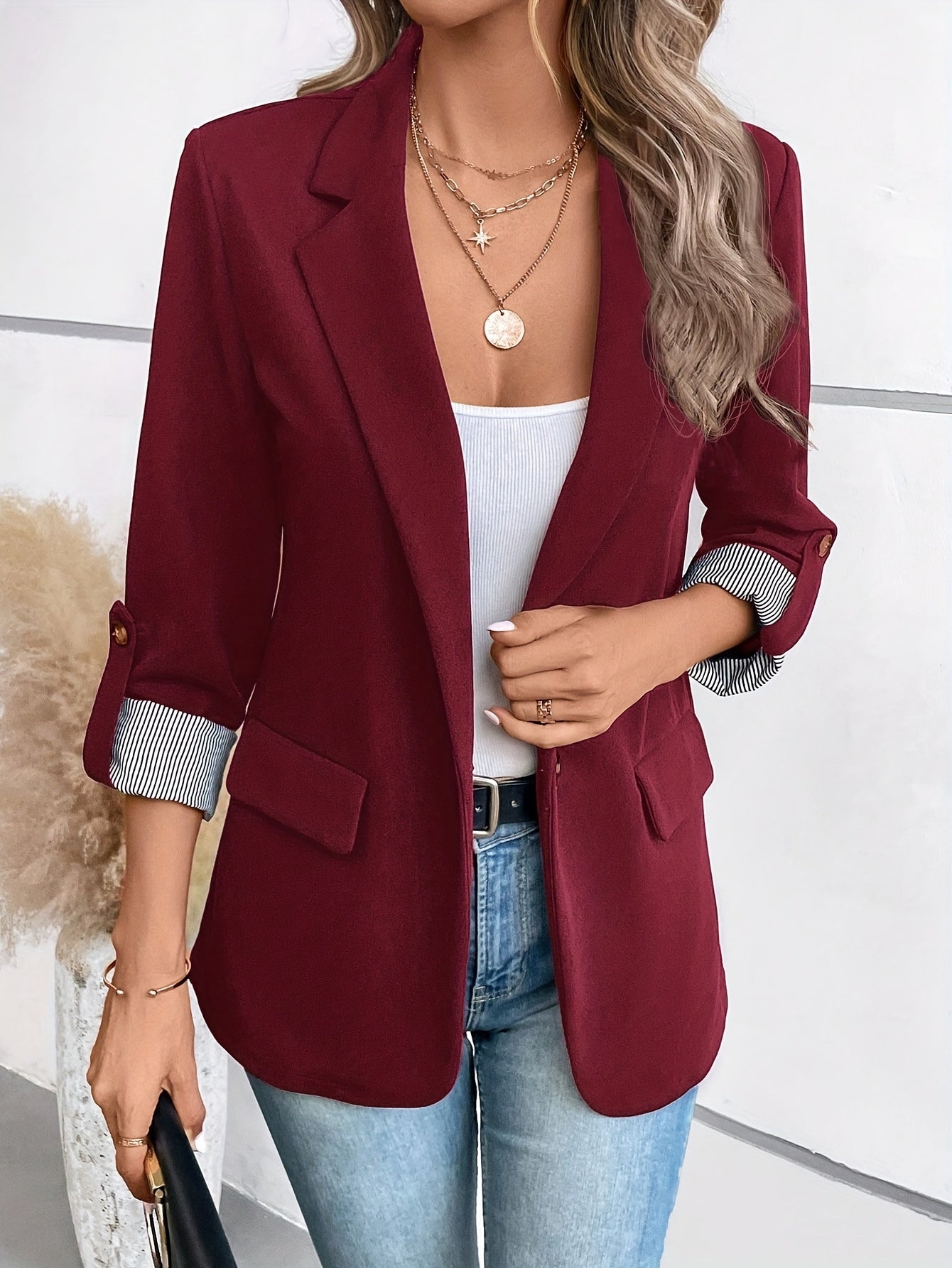 Elegant Women's Navy Blue Blazer - Chic Three-Quarter Sleeve, Polyester, Button Front with Decorative Golden Star, Machine Washable - Perfect for Office & Casual Spring/Summer Outfits