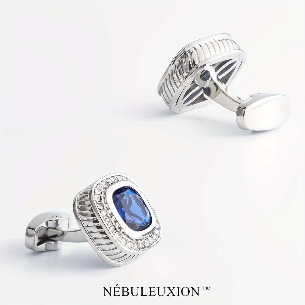Set di 2 Gemelli NÉBULEUXION Premium Argento con Gemma Blu & Halo di Cristallo - Gemelli Francés Glamour per Matrimoni, Banchetti, Cerimonie, Affari | Regalo Ideale