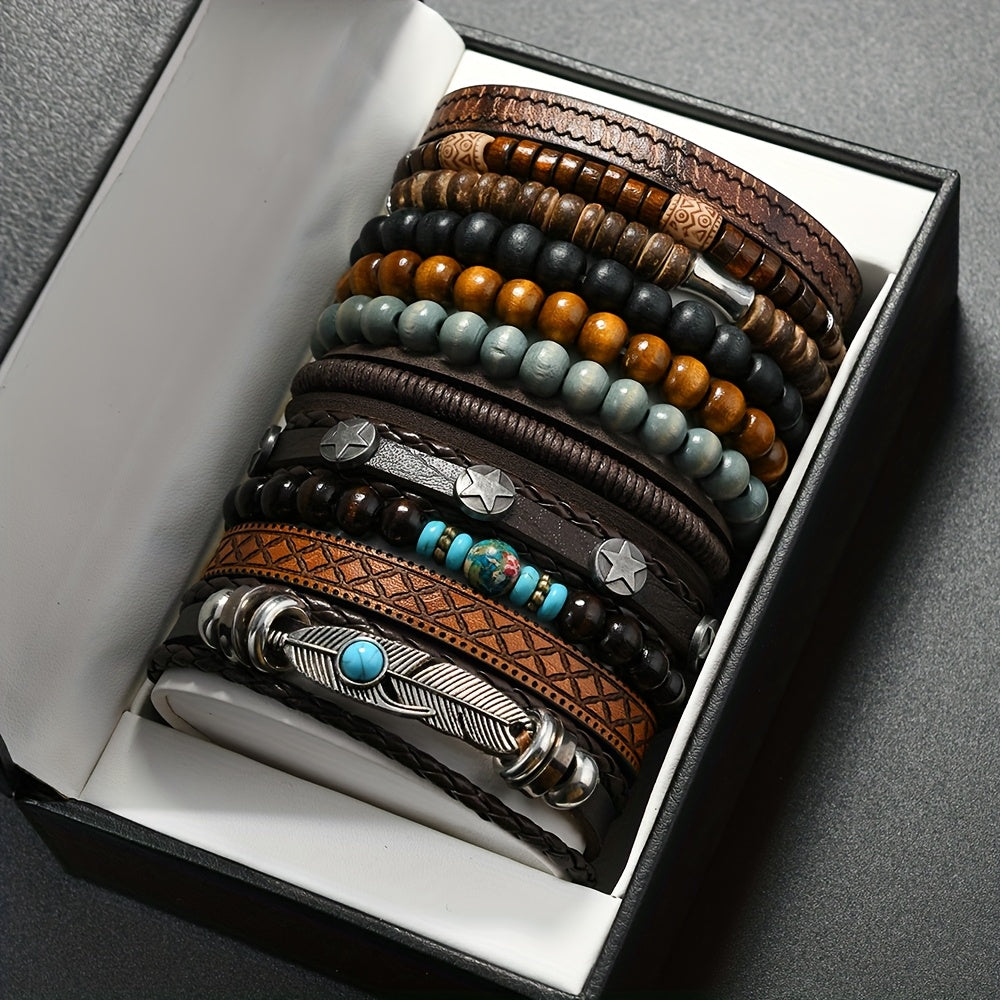 11pezzo Turquoise Cubo Sintetico Set di Braccialetti in Pietra Sintetica, Anello in Legno e Catena Regalo per Lui, Perfetto per l'Abbigliamento Quotidiano, Feste e Occasioni Speciali, Accessori per Feste | Braccialetti in Stile Vintage | Braccialetti in P