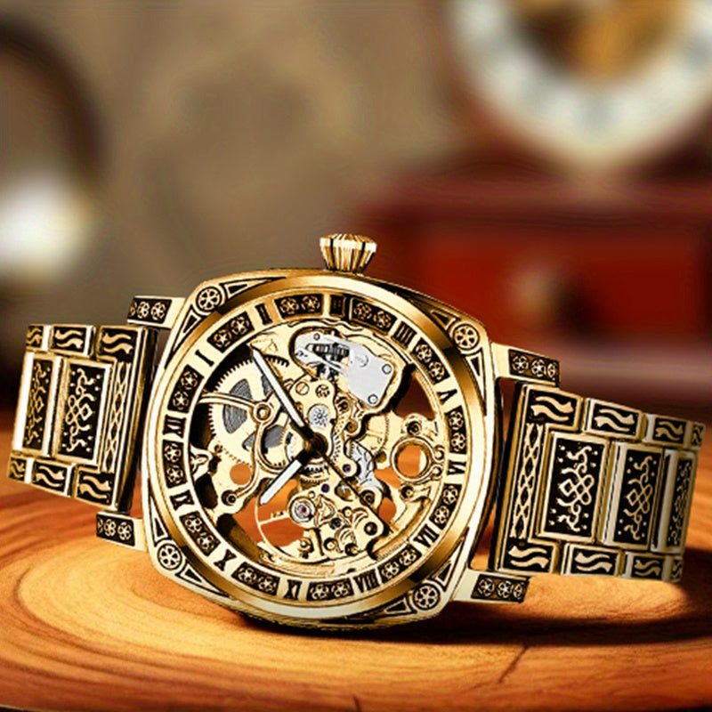 1pc Orologio meccanico creativo a striscia di acciaio giallo per uomo giovane, senza batteria