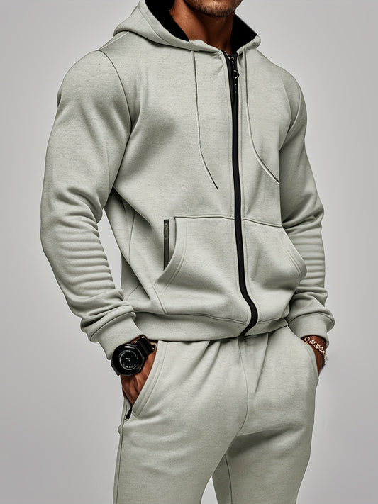 Set di 2 pezzi da uomo con felpa con cappuccio a tinta unita a maniche lunghe + pantaloni, set casual sportivo da fitness coordinato
