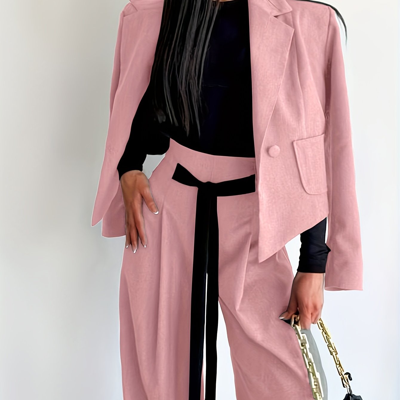 BK052044 Elegant Suit Jacket and Waist-Tie Loose Straight-Leg Wide-Leg Pants Women's Two-Piece Suit