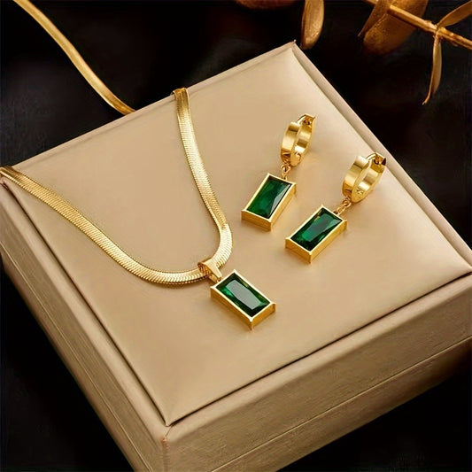 Set di Gioielli Vintage Boho 3 Pezzi: Acciaio Inossidabile Placcato Oro 18 Carati con Pendente e Orecchini in Zirconia Sintetica Verde - Accessorio di Moda Versatile per Tutti i Giorni e per le Vacanze, Ipoallergenico