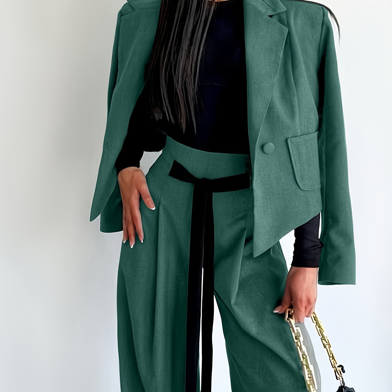 BK052044 Elegant Suit Jacket and Waist-Tie Loose Straight-Leg Wide-Leg Pants Women's Two-Piece Suit