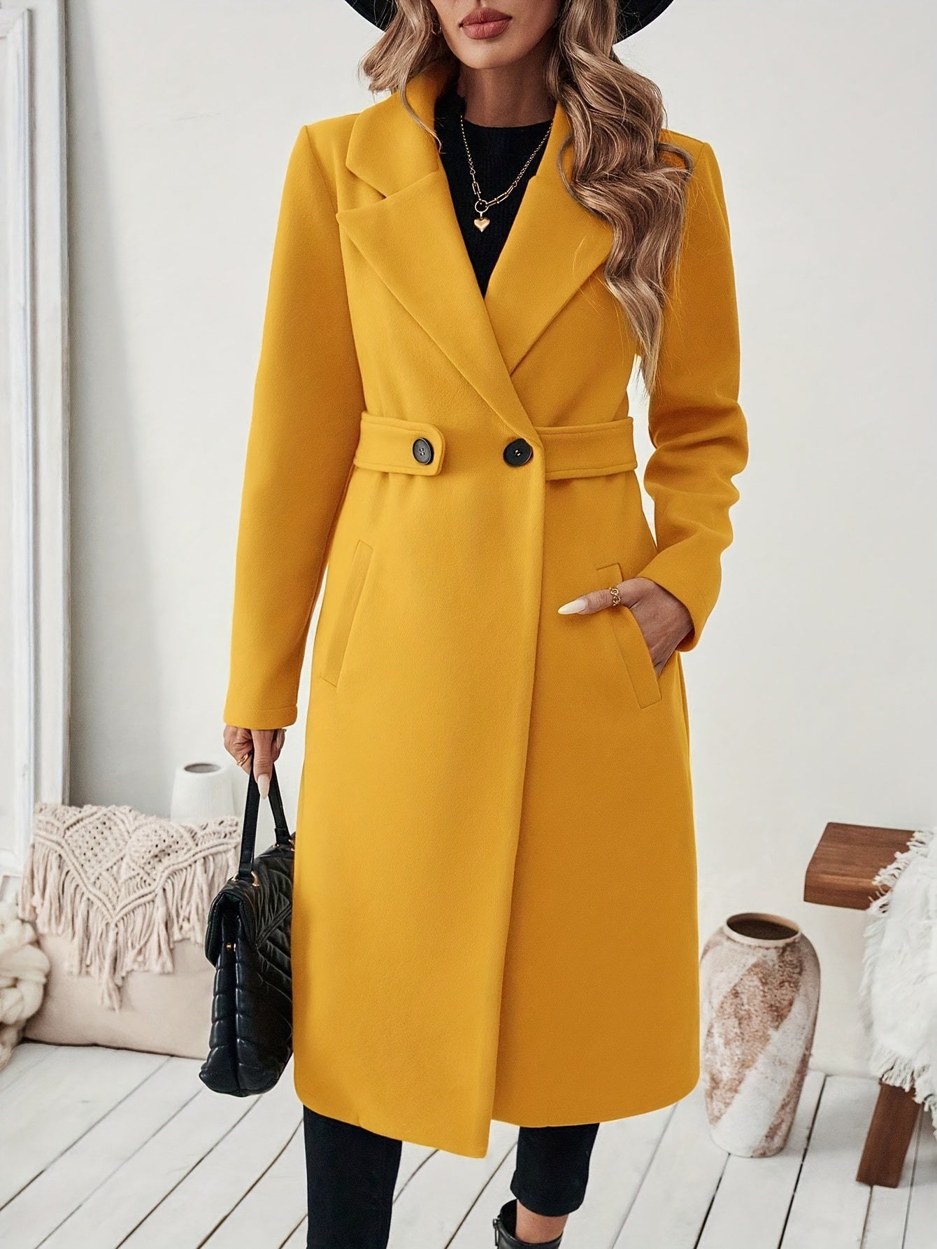 Women's Elegant Long Black Tweed Coat with Adjustable Belt - H-Silhouette Asymmetrical Hem, Machine Washable Winter Trench Coat for Fall & Winter, Office to Evening Versatile Outerwear, Notch Lapel Design