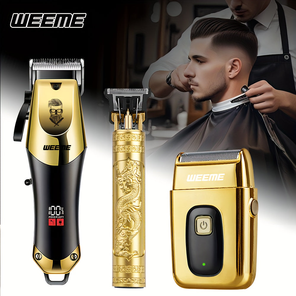 WEEME Set di 3 pezzi per taglio capelli elettrico da uomo, set per parrucchiere domestico, tagliacapelli USB ricaricabile, testina in lega, display LCD, forma intagliata, ideale per casa e viaggi, regalo per la Festa del Papà