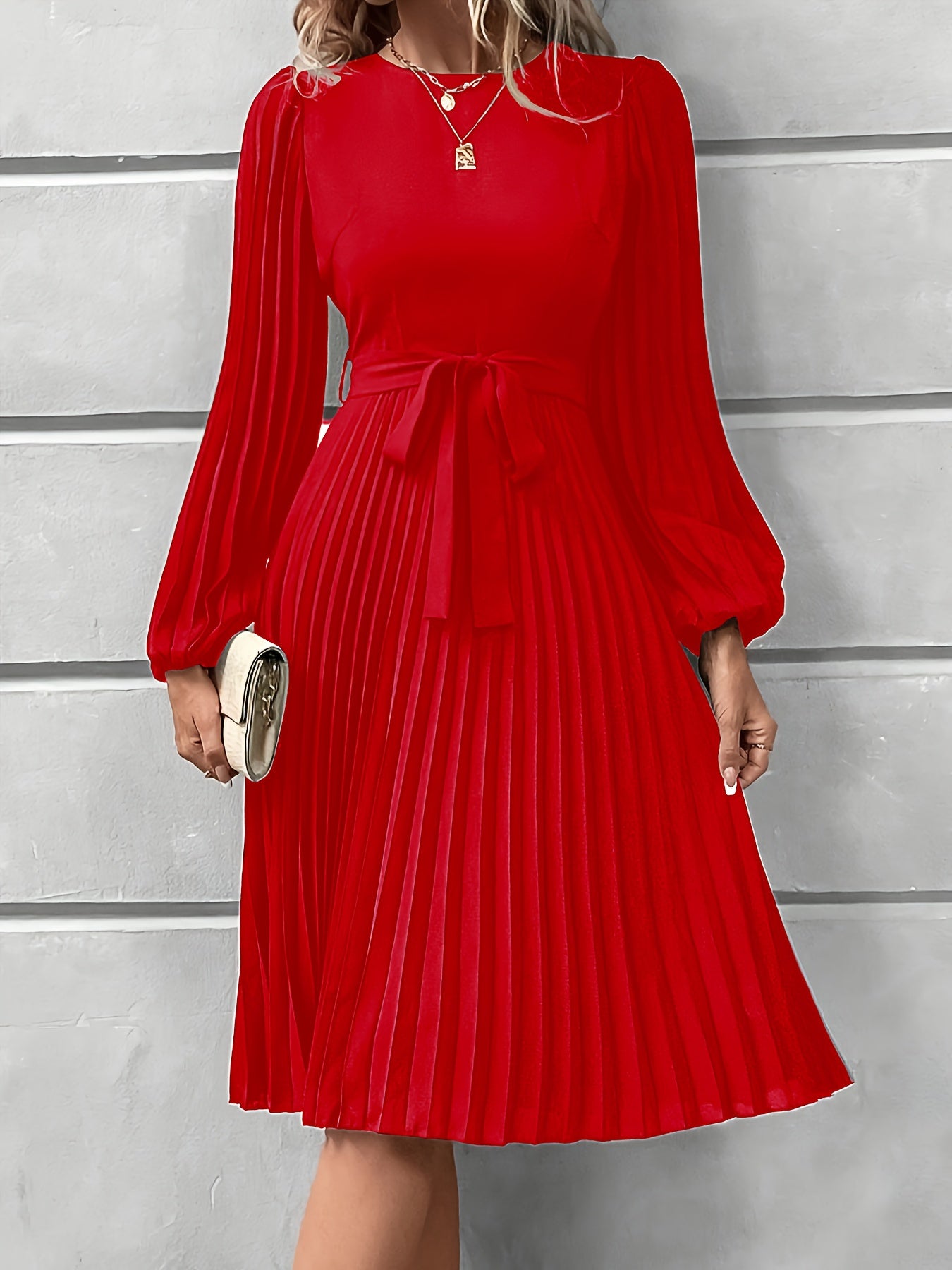 Women'S Elegant Formal & Everyday dress - Long Lantern Sleeves, Adjustable Waist Tie Belt, Flattering A-Line Silhouette, Knee-Length Party Wedding Office Outfit in - Easy-Care Women'S Clothing, Versatile Wardrobe Staple, Sophisticated Pleated Skirt, Durab