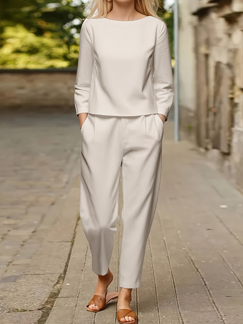 Nuovo set di magliette casual da donna con maniche lunghe e scollo rotondo, set classico semplice in tinta unita, maglietta con maniche lunghe e scollo rotondo e pantaloni casual per le vacanze e l'abbigliamento casual.