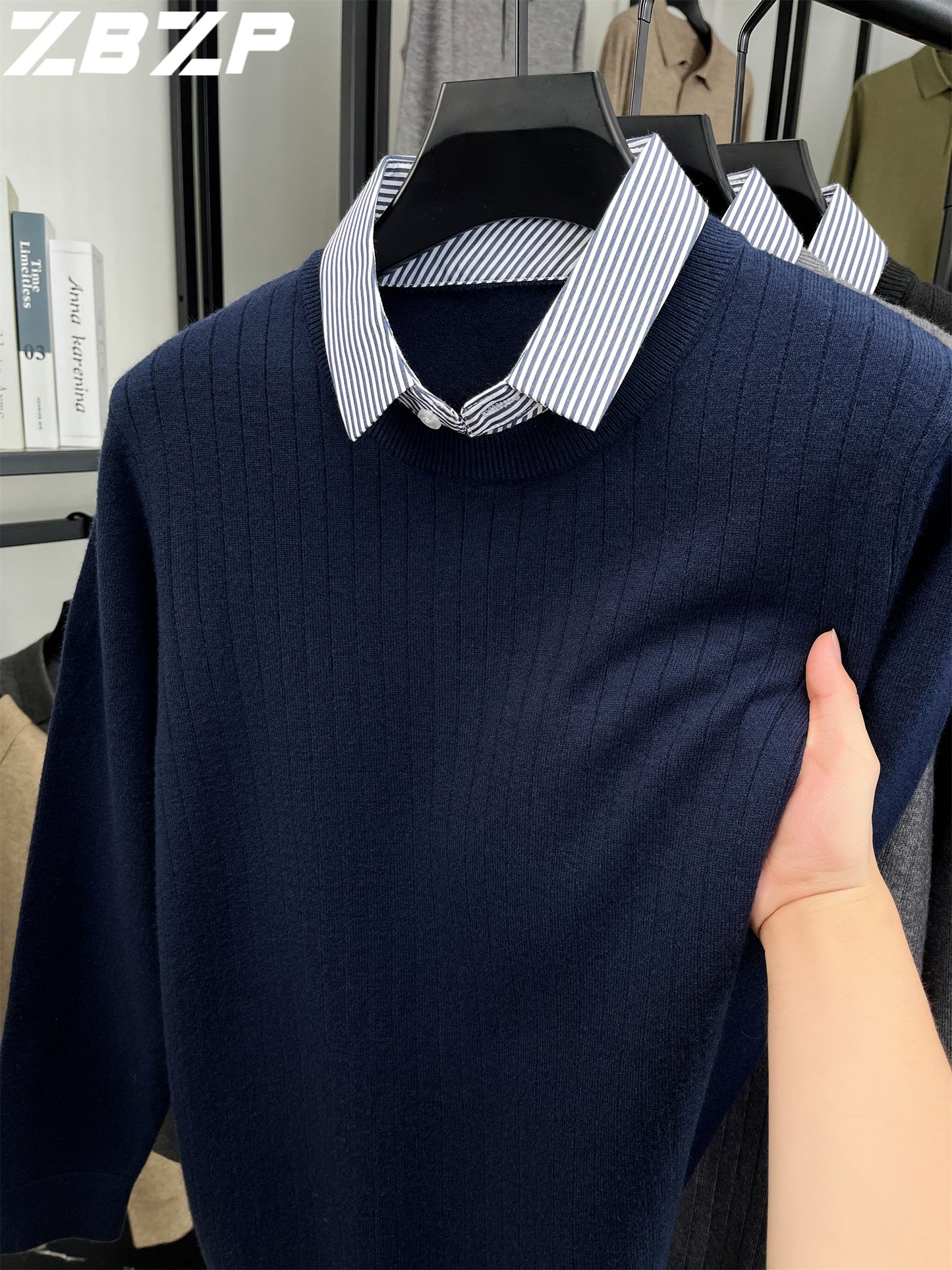 ZBZP Autunno e Inverno Maglione Spesso a Due Pezzi per Uomo con Colletto Camicia, Realizzato in 500 Grammi di Misto Velluto, Un Maglione a Maglia per Abbigliamento Maschile.