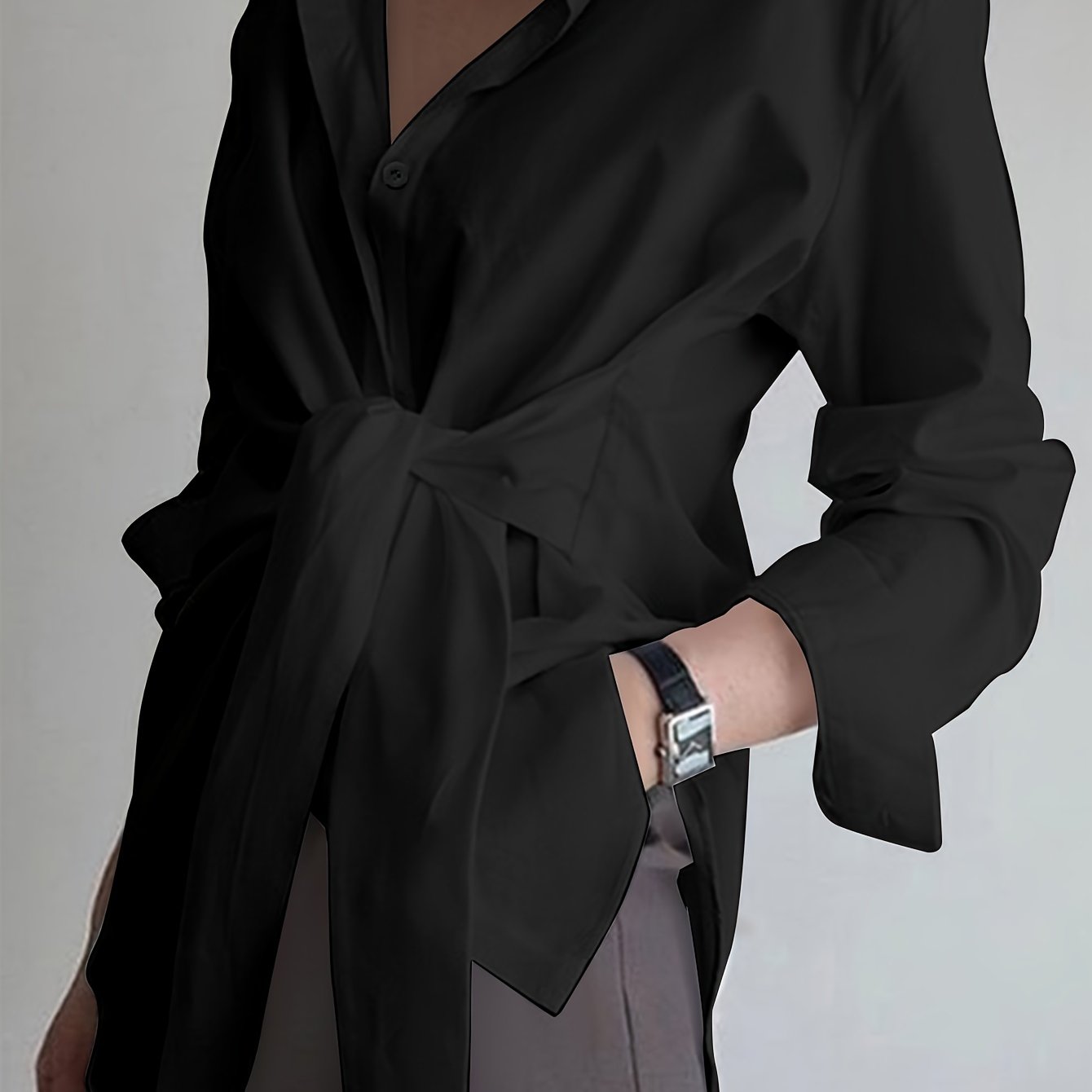 Women'S Casual Solid Color Long Sleeve Shirt, 100% Polyester, Lapel Collar, Button Front, All Season Woven Fabric, 117 gsm - Versatile Adult Shirting