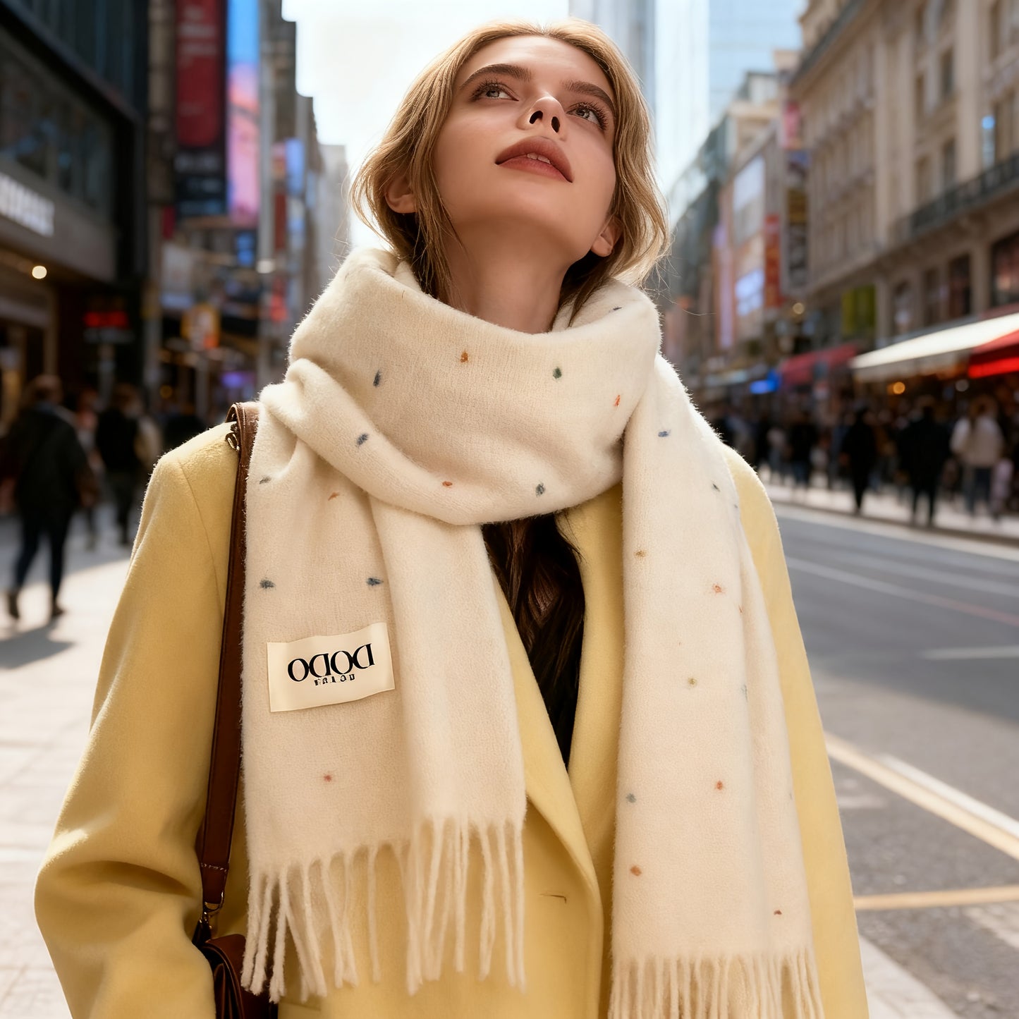 Sciarpa Donna Retro Beige e Bianca - Scialle Elastico, Accessorio Invernale Antivento, Morbida Sciarpa Collo in Poliestere per Look Casual e Serali (Lavaggio a Mano/Lavaggio a Secco) - Puntini Bianco Crema, Scialle Beige Versatile