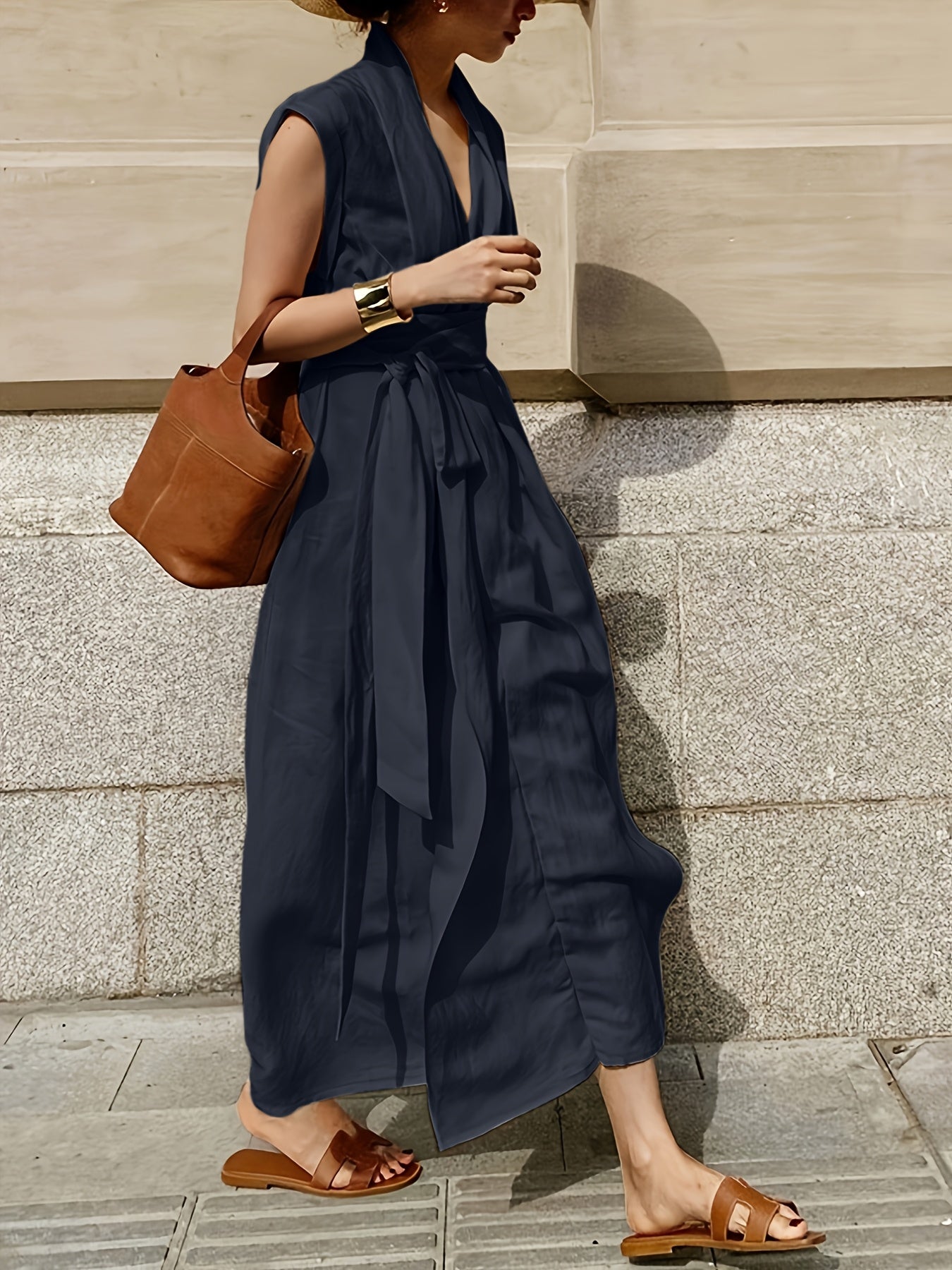 Solid Color Spring And Summer Linen Blend Sleeveless Dress with Pockets, Belt, And an Elegant French Style, Perfect for Vacations.