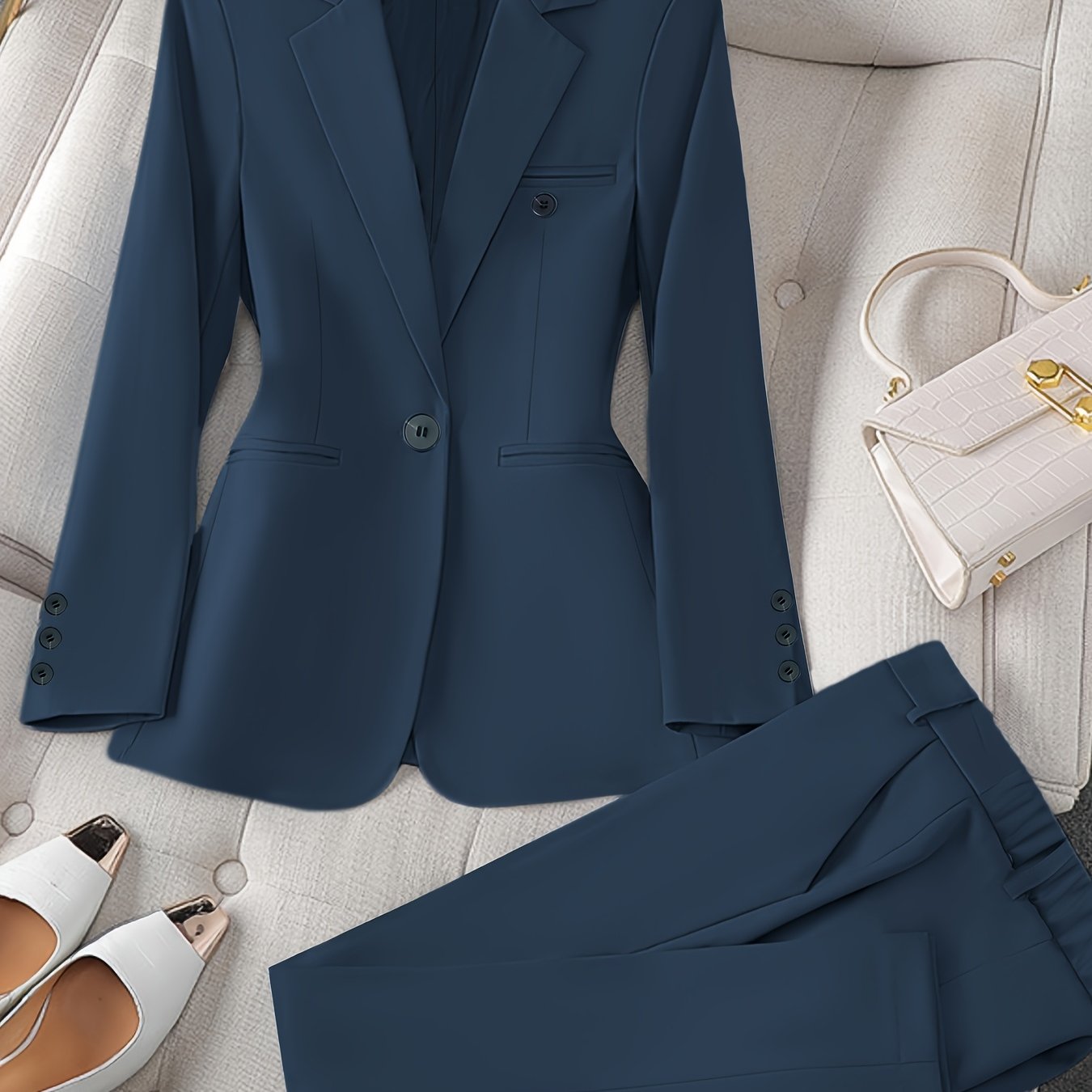 Women'S Casual Two-Piece Set, Stylish Business Solid Color Long Sleeve Suit Jacket and Pants Set, Polyester, Lapel Collar, Regular Fit, All Season, with Optional Handbag and Earrings, for Fashionable Workwear, Business Attire|Sleek Formal Attire|Polyester