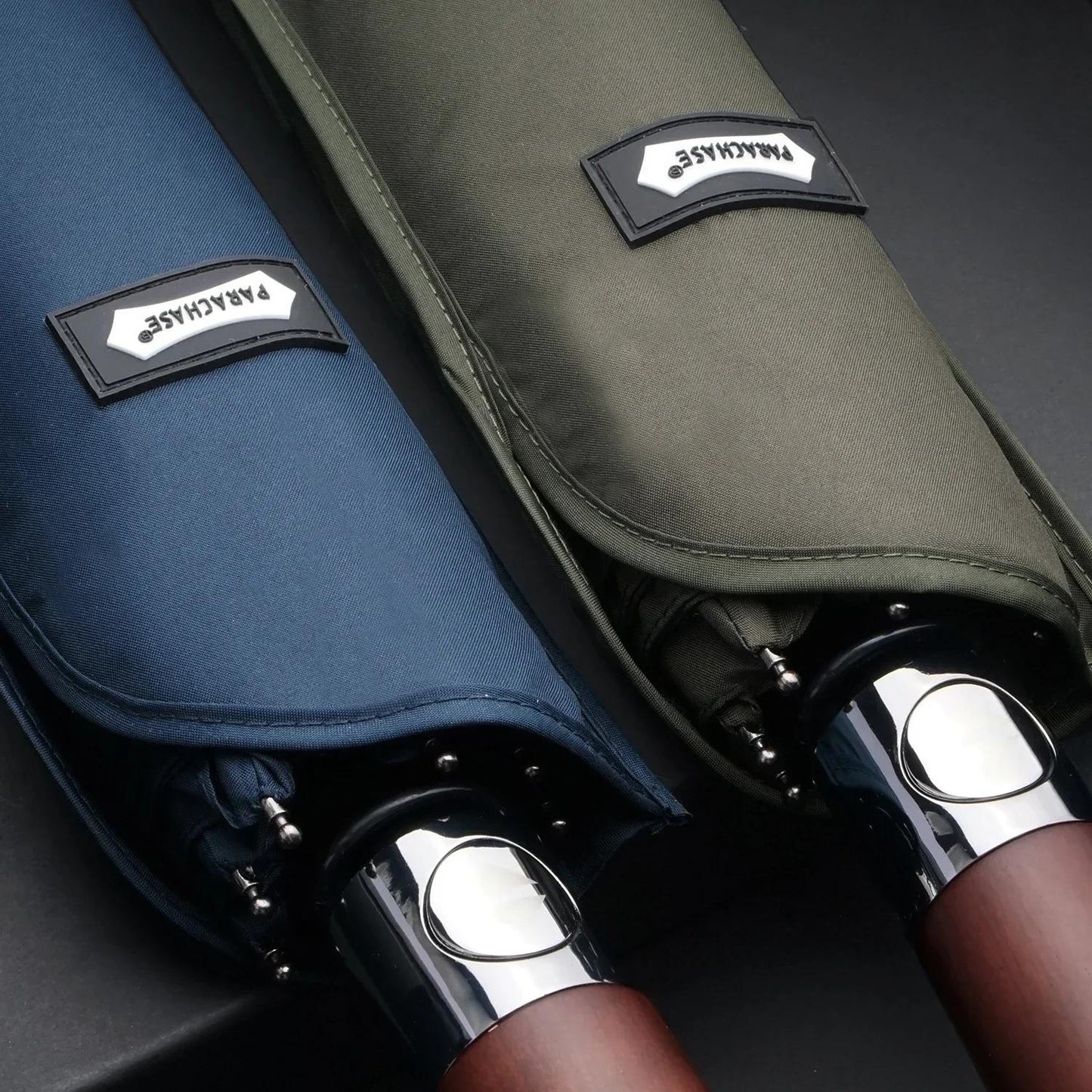 PARACHASE; Ombrello Automatico Antivento 120,9 cm con Telaio in Alluminio a 8 Stecche e Manico in Legno - Ombrello Pieghevole Compatto in Tessuto Pongee per Look Business Casual | Accessorio Elegante | Ombrello da Esterno