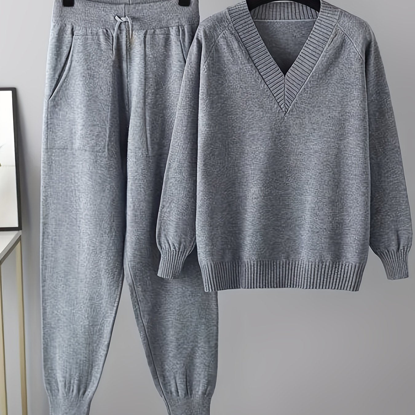 Set a due pezzi, maglione casual a maniche lunghe e pantaloni a V con scollo, senza cintura, lunghezza regolare delle maniche, pantaloni lunghi