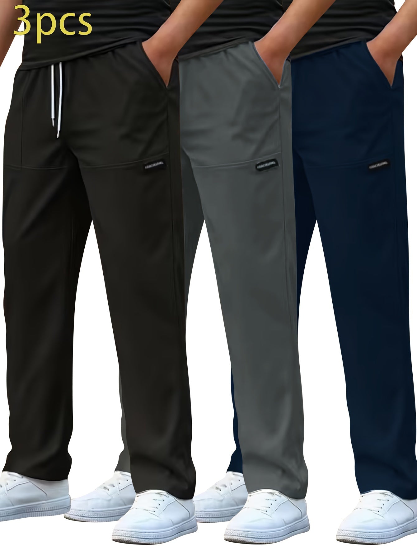 Set di 3 Pantaloni Casual da Uomo Leggeri - Gamba Dritta, Vita con Coulisse, Colore Unito (Nero, Grigio, Bianco), Abbigliamento da Lavoro Primavera/Estate, Lavabili in Lavatrice