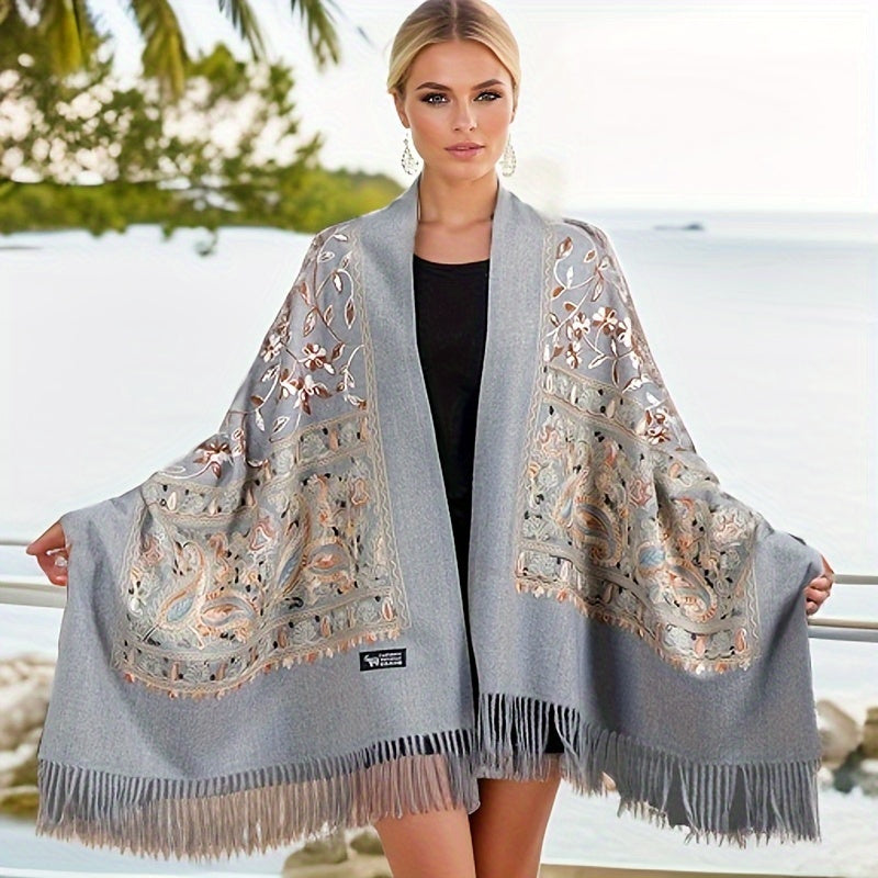 Abbigliamento esterno ricamato floreale stagionale bohemien, sciarpa ricamata in vintage per primavera e autunno, scialle versatile, sciarpa etnica, scialle di grandi dimensioni per il calore.