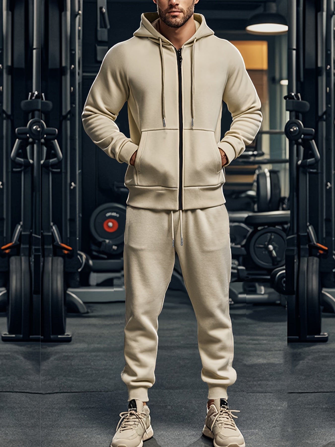 Set di 2 pezzi da uomo con felpa con cappuccio a tinta unita a maniche lunghe + pantaloni, set casual sportivo da fitness coordinato