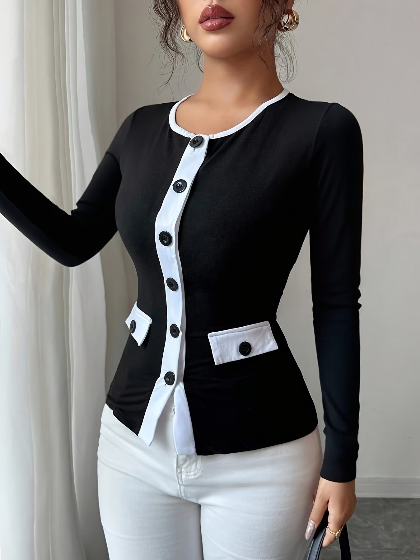 Women's Elegant Black & White Contrast Long Sleeve T-Shirt with Round Neck & Decorative Collar - Mid-Stretch Office to Casual Top, Faux Pocket Design, Spring/Fall Wardrobe Essential (Hand Washable, Non-See-Through)