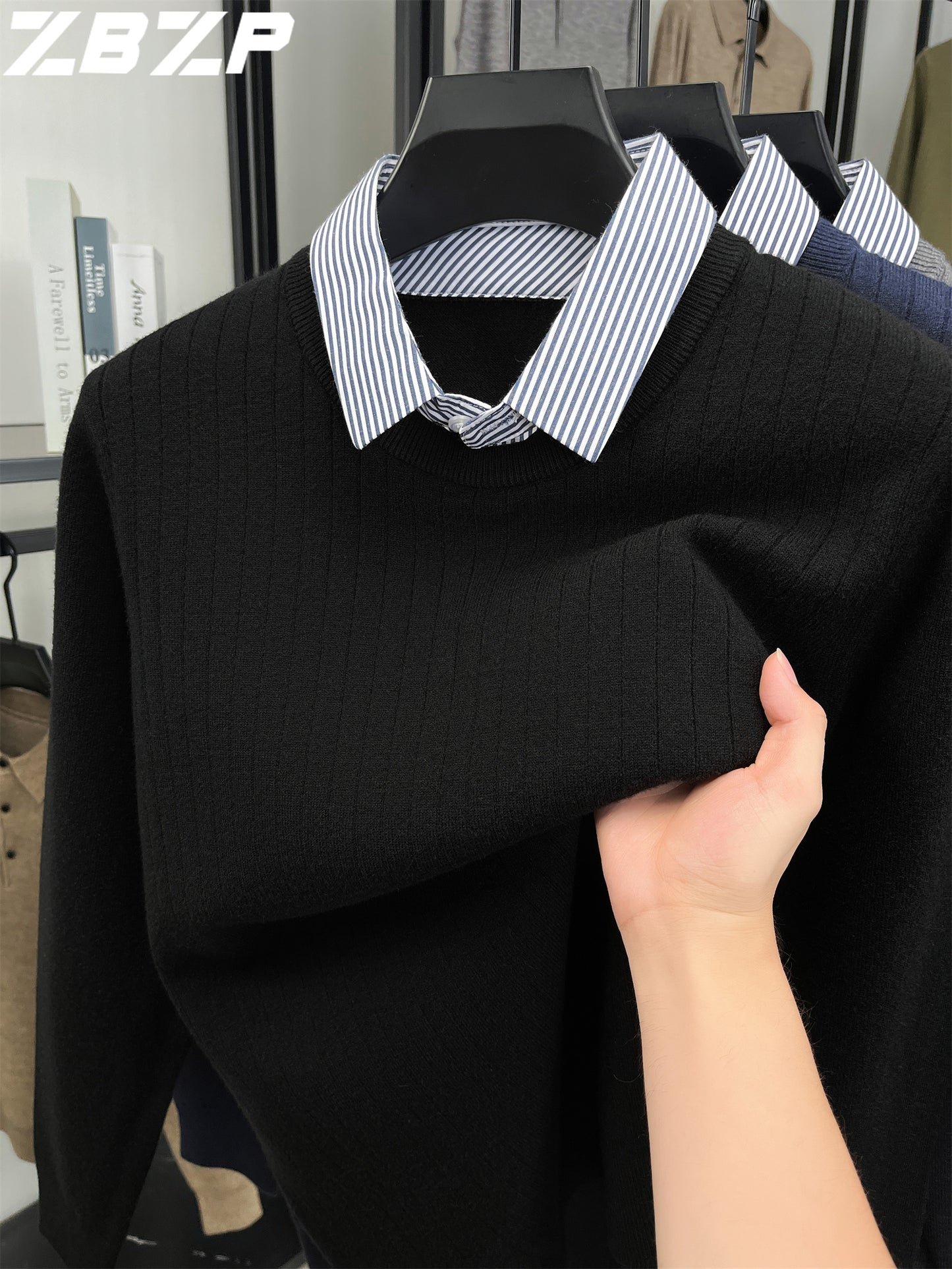 ZBZP Autunno e Inverno Maglione Spesso a Due Pezzi per Uomo con Colletto Camicia, Realizzato in 500 Grammi di Misto Velluto, Un Maglione a Maglia per Abbigliamento Maschile.